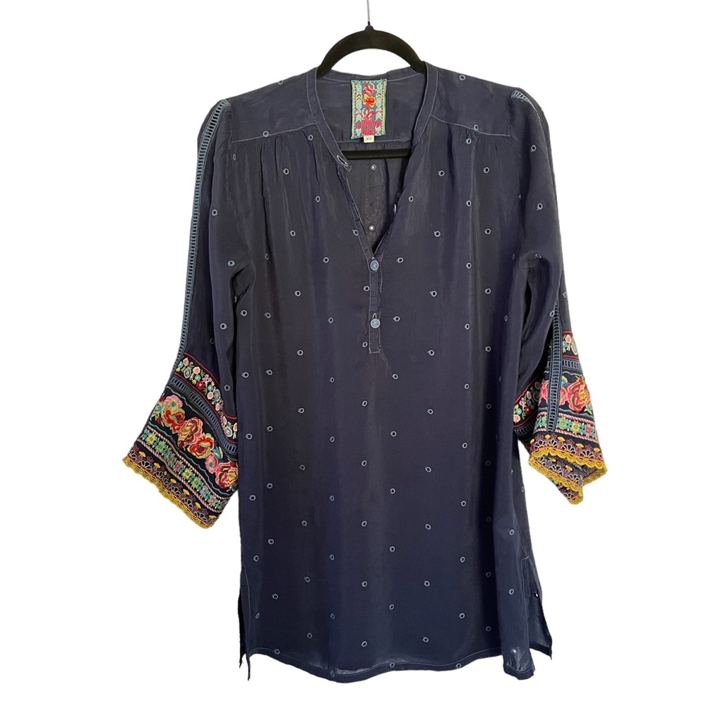 Johnny Was Georgette Tunic Womens Size XS Patchwork Embroidered Lace Eyelet Blue